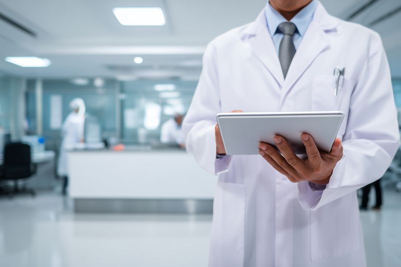 Close-up of a medical professional in a white coat using a digital tablet in a modern hospital corridor, highlighting healthcare technology, clinical workflow and patient care environment.