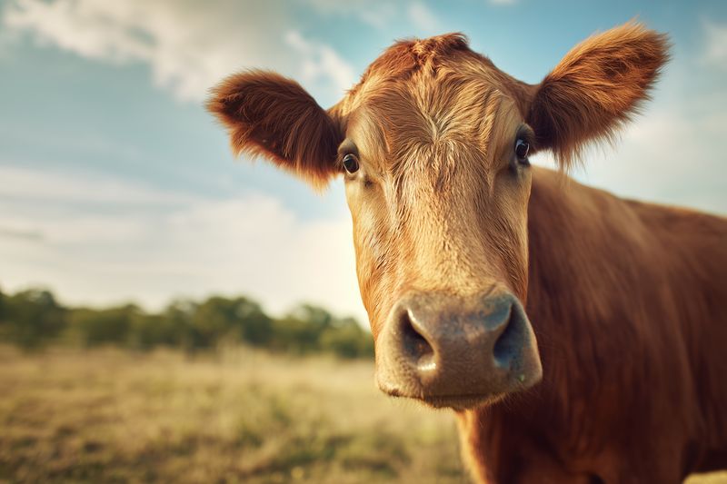 Close-up portrait of a curious brown cow in a sunlit pasture, shallow depth of field highlighting the animal's face and soft fur with a blurred rural landscape background.