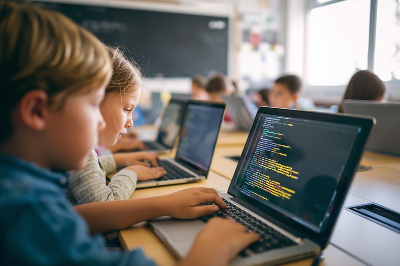 Young students focused on laptops in a bright classroom, learning coding and computer skills together with concentration and collaboration during a modern technology lesson.