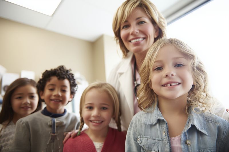 Smiling female teacher standing with a diverse group of happy elementary children posing together in a bright classroom environment, conveying warmth, learning and friendly interaction.