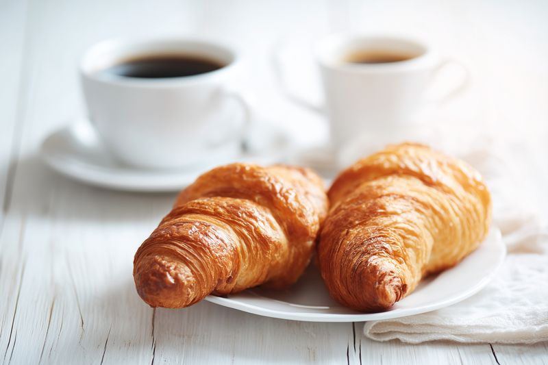 Two golden croissants served on a white plate with steaming cups of coffee in soft morning light on a rustic white wooden table, creating a cozy breakfast scene.