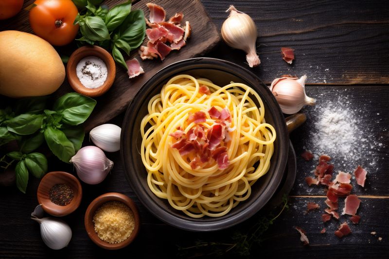 cheese meat food italian bacon sauce carbonara spaghetti meal pasta. Generative AI.