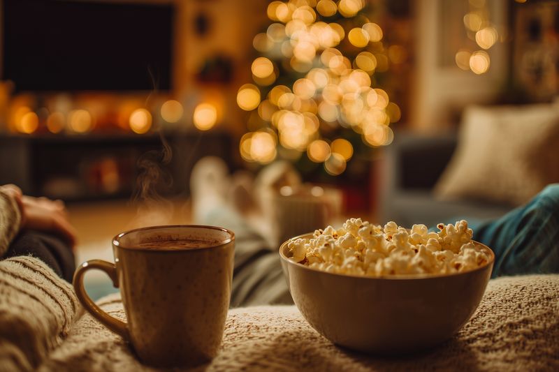 Cozy evening scene with a steaming mug and a bowl of popcorn on a soft blanket, warm bokeh lights in the background and relaxed feet up, suggesting comfort and leisure.