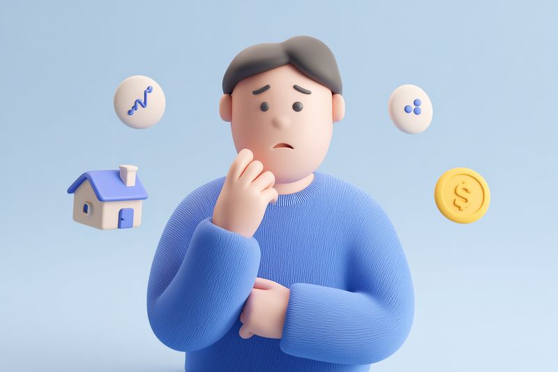 3D illustration of a worried young man in a blue sweater holding his chin, surrounded by floating icons for money, housing and health, expressing anxiety and uncertainty about decisions.