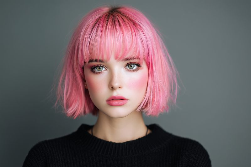 Close-up portrait of a young woman with pink hair and freckles, wearing a black sweater against a neutral background, soft studio lighting highlighting her clear skin and direct gaze.