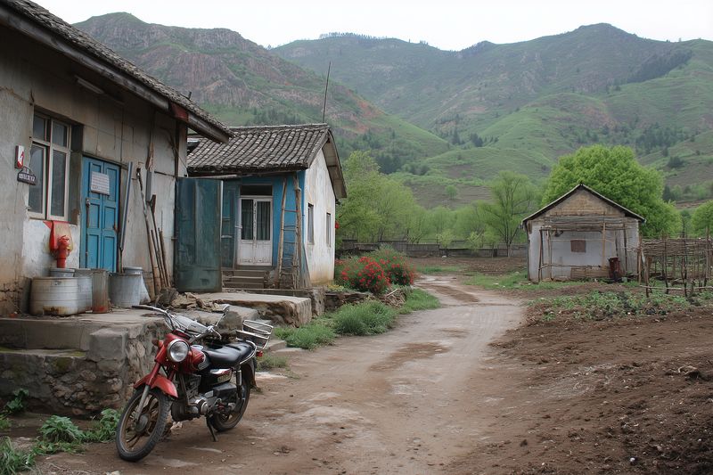 Rustic rural village scene with weathered houses and a parked motorcycle by a winding dirt road, framed by green hills and distant mountains under a pale overcast sky.