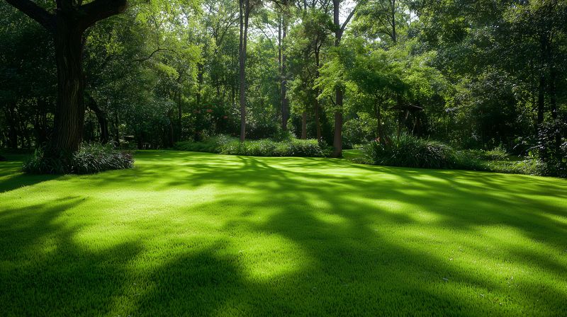 Sunlit green lawn surrounded by dense trees casting dappled shadows, creating a tranquil natural clearing with vibrant grass and a peaceful forest edge atmosphere.