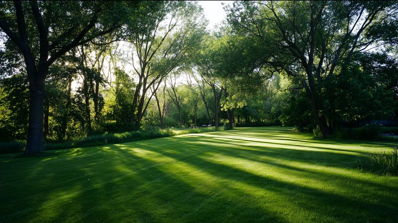 Sunlit grassy lawn framed by tall deciduous trees casting long dappled shadows across a tranquil park scene, evoking peaceful summer afternoon and natural outdoor serenity.