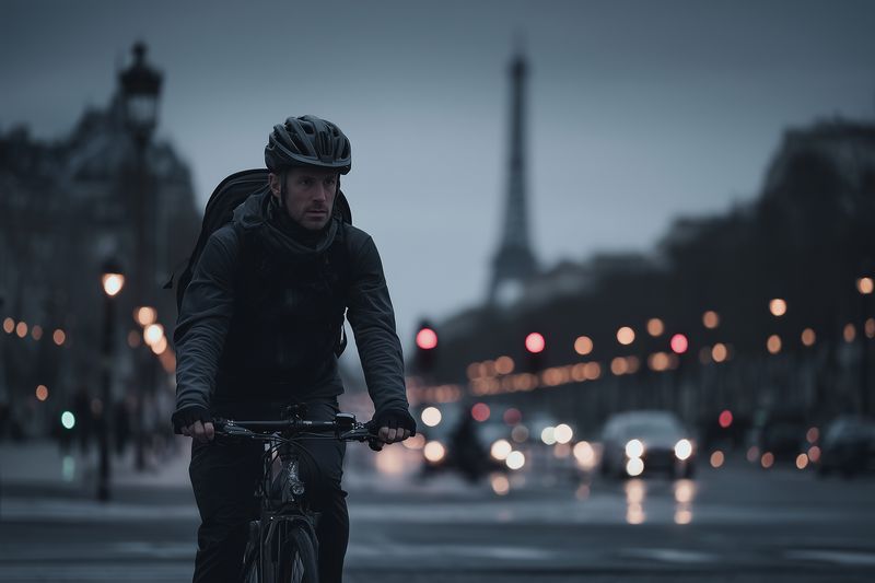 Commuter cyclist rides through wet urban streets at dusk, wearing helmet and backpack, focused expression, with blurred traffic lights and a distant landmark silhouette under moody light