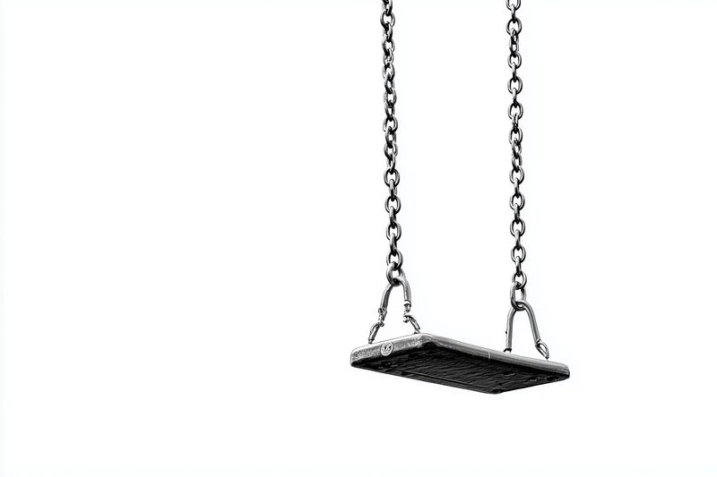 High-contrast black and white image of an empty wooden swing hanging from metal chains against a stark white background, creating a minimal scene that evokes nostalgia, solitude and memory.