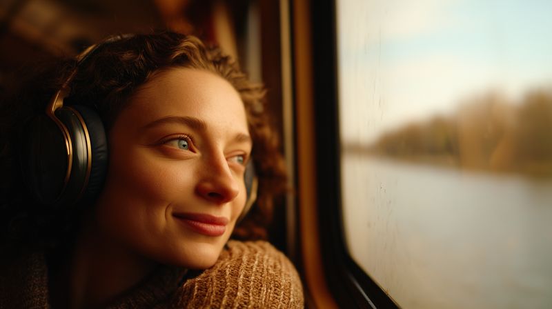 Young woman wearing headphones sits by a train window, smiling softly as she watches the passing landscape. Warm sunlight and cozy sweater create a peaceful travel mood.