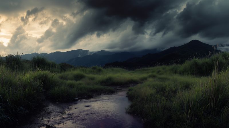 Dramatic storm clouds gather over a wild grassy meadow and distant mountain ridges, reflected in a shallow stream, creating a moody and atmospheric natural landscape scene.