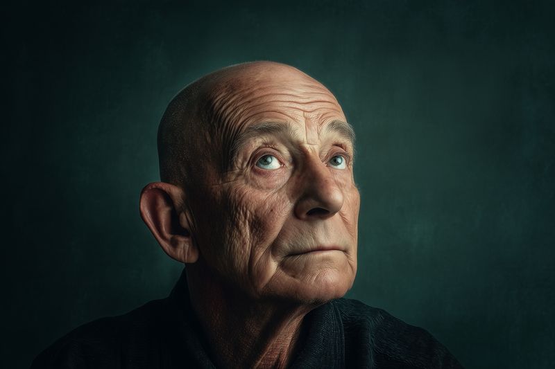 Close-up portrait of an elderly man with expressive wrinkles and a thoughtful gaze looking upward against a dark textured background, dramatic studio lighting highlighting facial features.