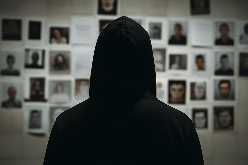 A shadowy hooded figure stands facing a wall covered with pinned portrait photographs, evoking mystery, investigation, surveillance, memory and psychological tension in a dimly lit interior scene.