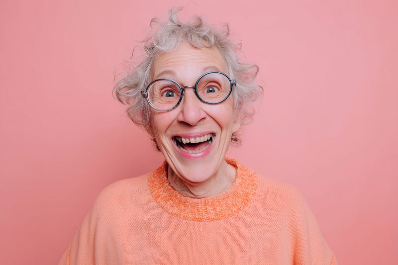 Elderly woman with curly white hair and round glasses beams joyfully against a soft pink background, wearing a cozy orange sweater and radiating warmth, humor, and bright energy.