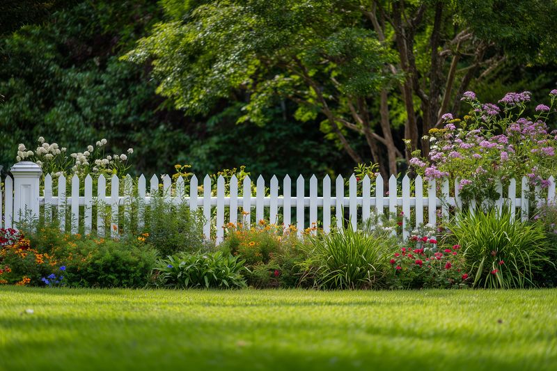 A sunlit backyard with a classic white picket fence, lush green lawn and a colorful border of flowering shrubs and ornamental plants creating a peaceful summer garden retreat.