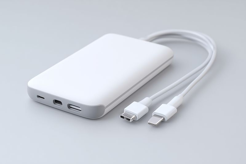 White portable power bank with dual charging ports and two detachable cables on a neutral surface, minimalist design showcasing modern mobile charging convenience and compact travel utility.