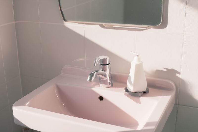 Minimal bathroom interior with a pastel pink sink, chrome faucet and white soap dispenser bathed in soft natural light creating gentle shadows and serene minimalist atmosphere.