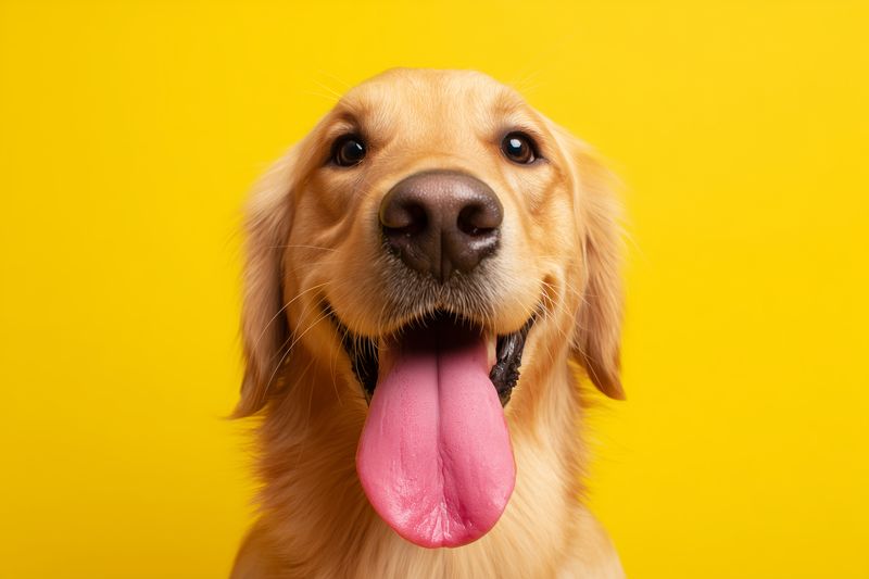 Close-up portrait of a happy golden retriever with tongue out against a bright yellow background, showcasing shiny fur, expressive eyes and a playful, friendly studio look perfect for pet themes.