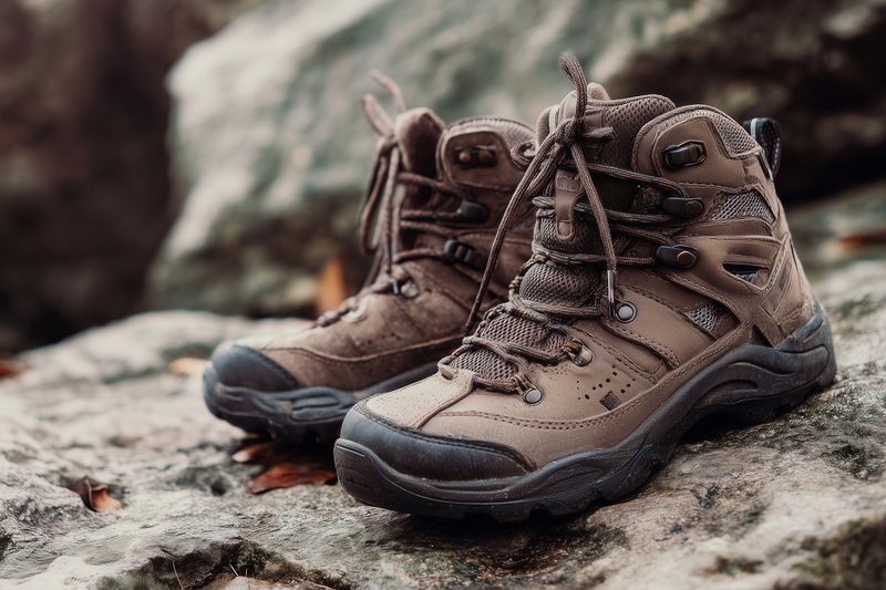 Sturdy leather hiking boots with laces resting on wet rocky terrain, showing texture and durability ideal for outdoor adventure, trekking, and nature exploration.