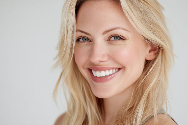 Close-up portrait of a smiling young woman with blonde hair and clear skin, natural makeup and bright white teeth, conveying warmth, confidence and approachable modern beauty.