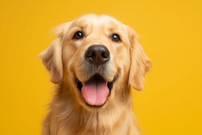 Close-up portrait of a happy golden retriever dog against a bright yellow background, showing expressive eyes, wet nose and open mouth with tongue out, friendly pet portrait.