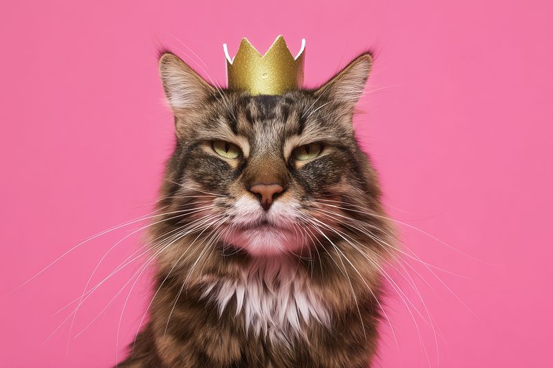 Majestic longhaired tabby cat wearing a small gold crown looks regal and unimpressed against a vibrant pink background, expressive whiskers and lush fur creating playful contrast.