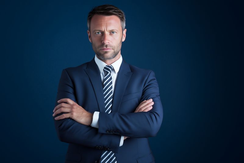 Confident businessman portrait with arms crossed wearing a suit and tie, looking directly at camera against a deep blue studio background, conveying authority and professionalism.