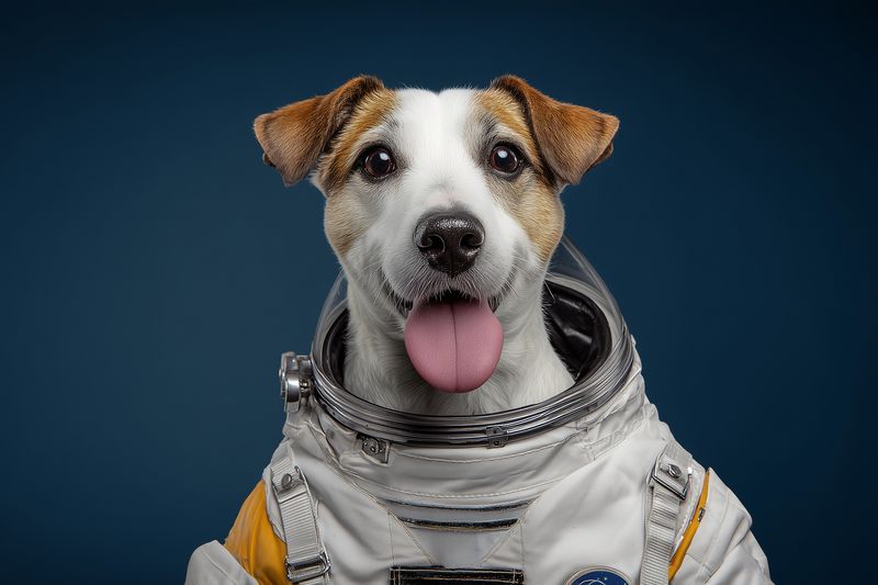 Portrait of a happy dog wearing an astronaut suit against a dark blue background, tongue out and eyes bright, playful space themed pet portrait with studio lighting.