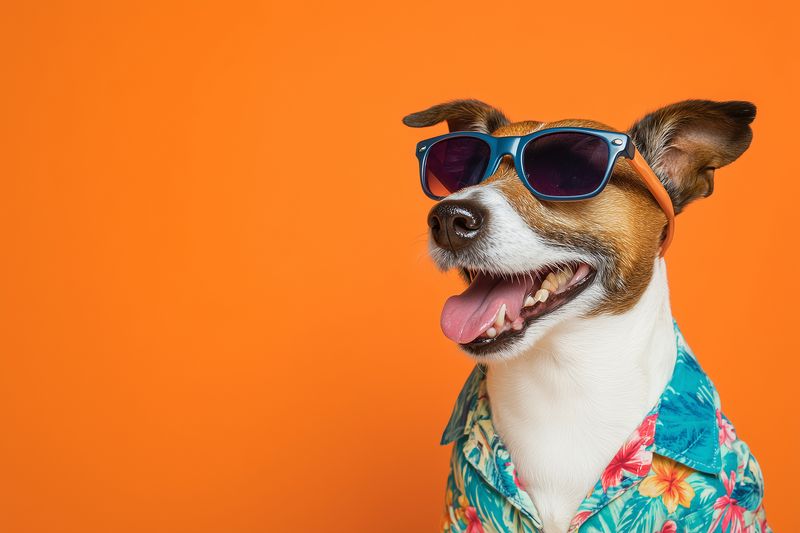 Happy small dog wearing blue sunglasses and a colorful Hawaiian shirt against a vivid orange background, smiling with tongue out for summer vacation and playful pet portrait.