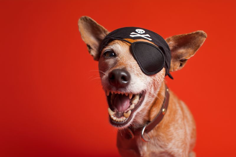 Playful small dog wearing a pirate eye patch and skull bandana poses against a vivid red background, baring teeth in a humorous expressive portrait with bright studio lighting.