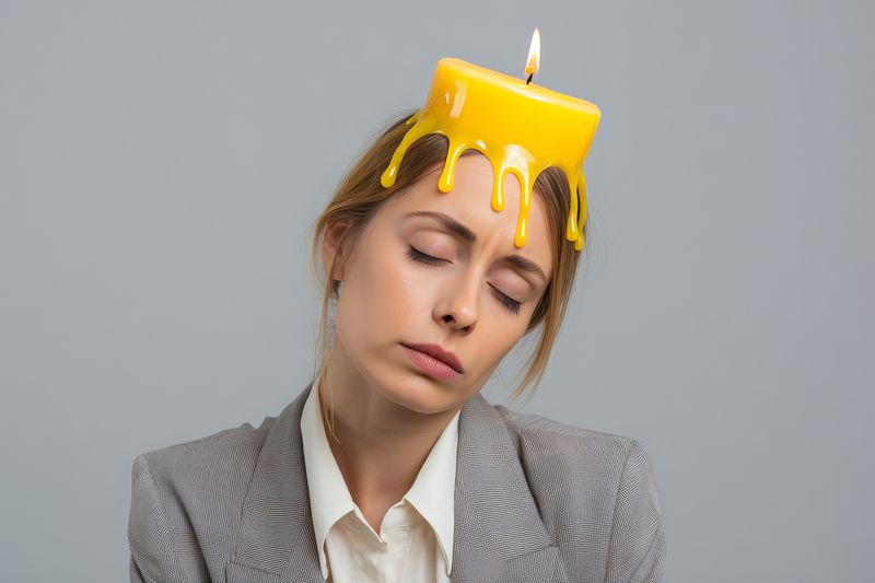 Close-up portrait of a weary woman wearing a melting yellow candle on her head, wax dripping down as she closes her eyes, conveying burnout, exhaustion and surreal emotional strain.