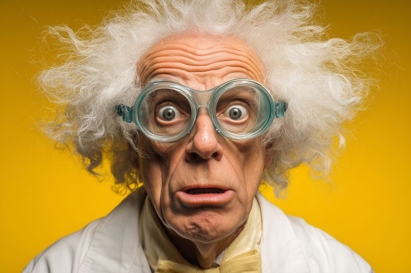 Elderly scientist with wild white hair and oversized goggles wears a rumpled lab coat, staring wide-eyed in a dramatic close-up portrait conveying surprise, eccentricity and energy.