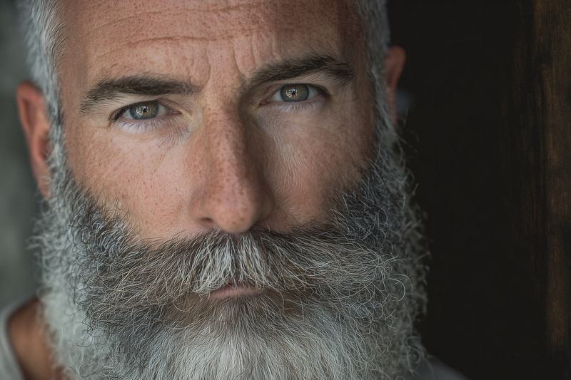 Close-up portrait of a mature bearded man with intense eyes and textured grey beard, showing wrinkles and a contemplative expression in soft natural light for a rugged masculine look.