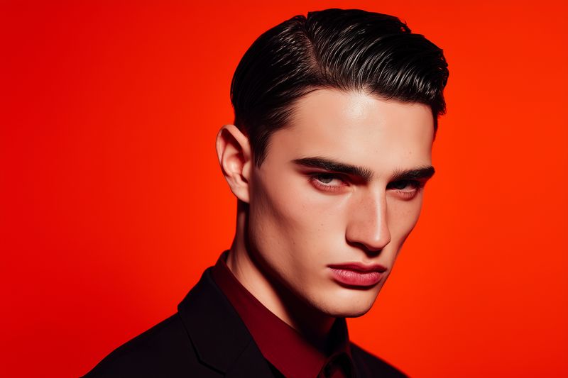 Stylish male portrait against a vivid red background, featuring intense gaze, glossy makeup, slicked hair and tailored suit for a high fashion editorial look with dramatic lighting.
