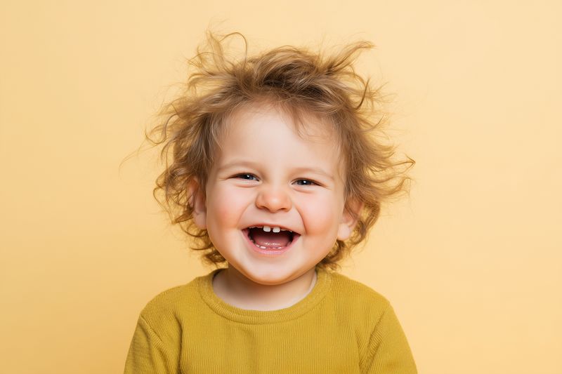 Close-up portrait of a joyful toddler with messy curly blond hair laughing against a warm yellow background, wearing a mustard sweater and showing a bright, open expressive smile.