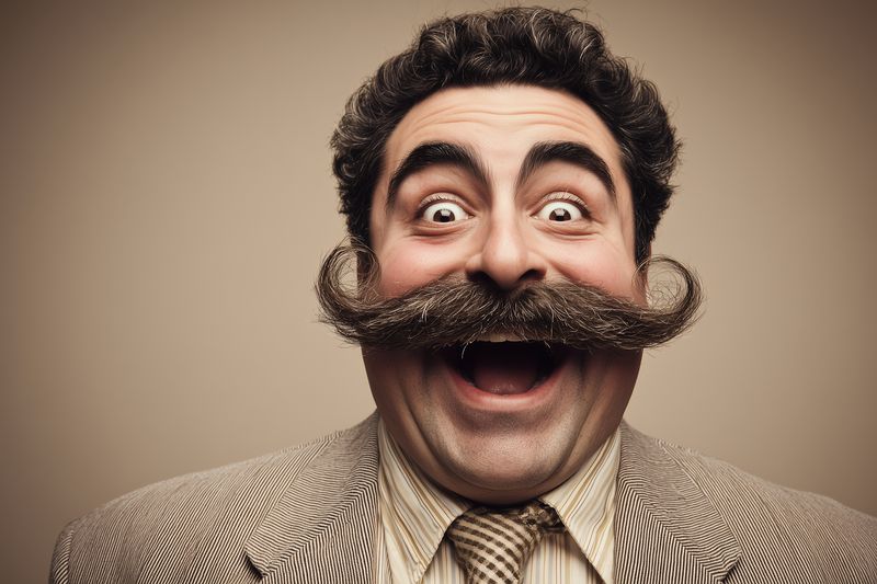 Close-up portrait of a joyful man with an exaggerated handlebar mustache laughing exuberantly, wearing a vintage suit and tie against a neutral studio background in warm tones.