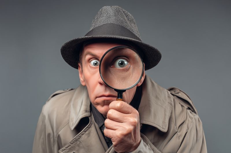 Man in a vintage trench coat and fedora hat peers through a magnifying glass with exaggerated curiosity, closeup portrait with dramatic lighting and neutral background.