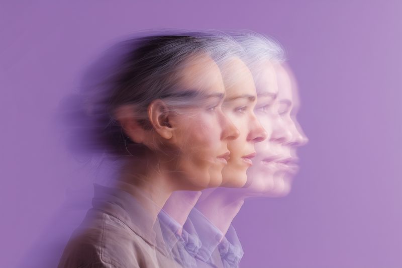 Multiple exposure portrait of a woman with layered profiles and motion blur against a purple background. The image evokes movement, time lapse, introspection and surreal artistic mood.