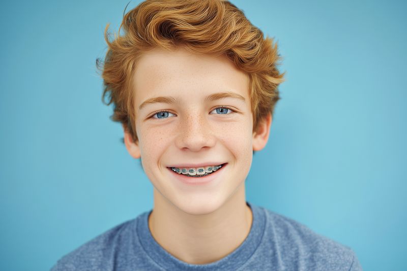Close-up portrait of a smiling teenage boy with red hair, freckles and braces against a soft blue background. Bright blue eyes and casual shirt convey youthful confidence.