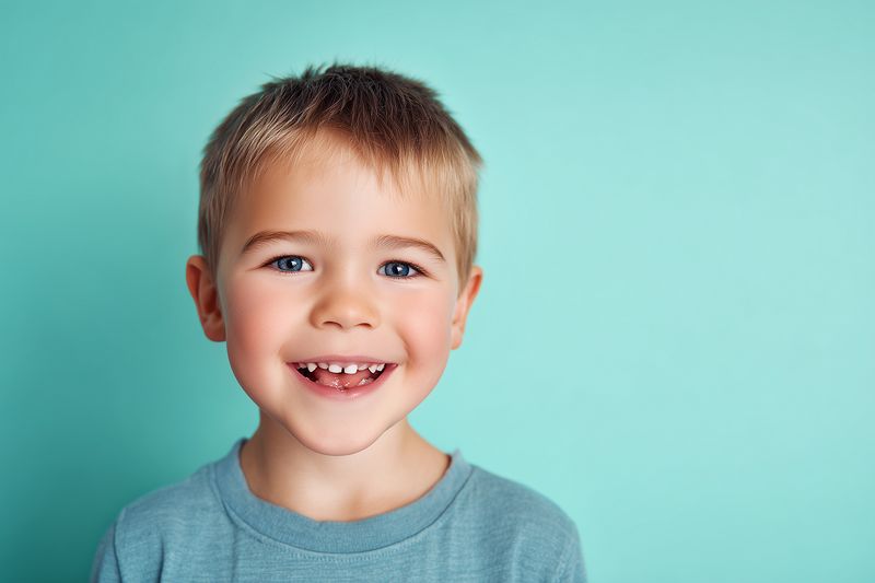 Smiling young boy with a missing front tooth poses against a turquoise background in a casual shirt. Bright portrait conveys childhood joy, playful charm, and natural expression.