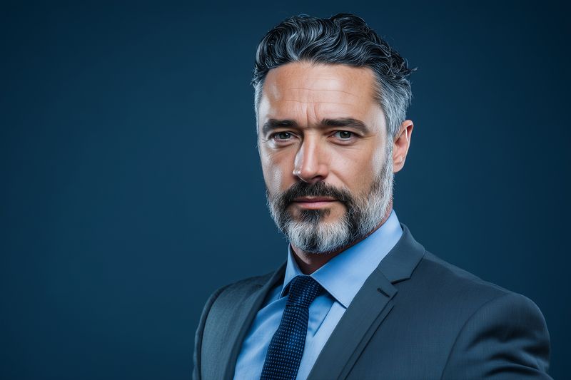 Studio portrait of a mature businessman in a tailored suit and tie, featuring a salt and pepper beard and confident expression, dramatic lighting emphasizing facial texture and eye contact.