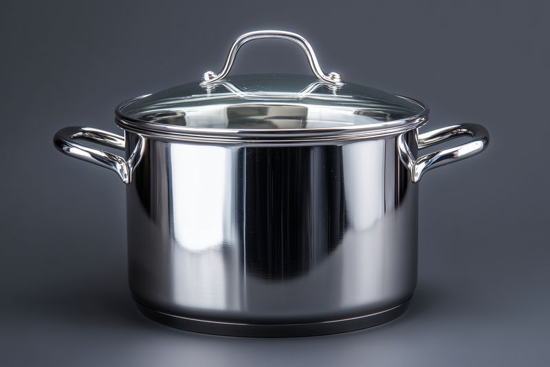 High quality stainless steel stock pot with glass lid and sturdy handles, polished reflective finish ideal for home and professional kitchens for boiling, simmering and steaming meals.