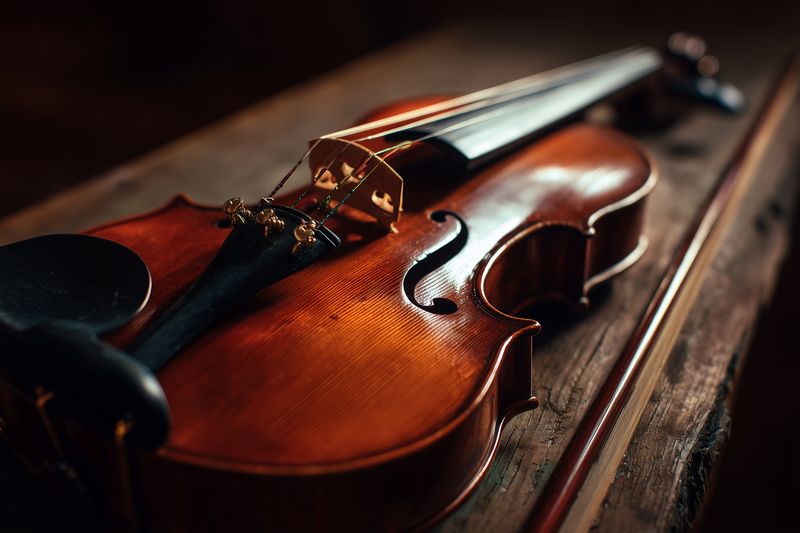 Close-up of a wooden violin resting on a rustic wooden table, showcasing warm varnish, curved body, f-hole, bridge and strings in soft low light capturing vintage musical atmosphere and subtle