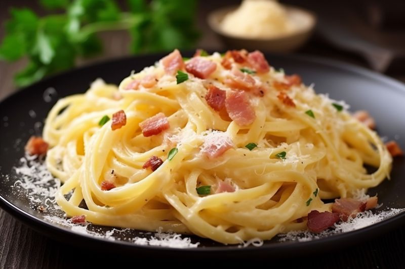 spaghetti italian carbonara food cheese meal pasta sauce bacon meat. Generative AI.