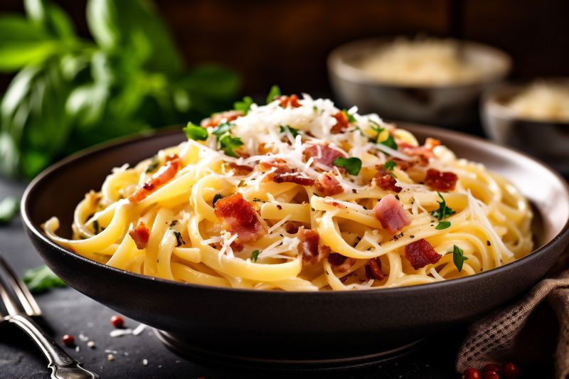 italian spaghetti sauce cheese food meal pasta bacon carbonara meat. Generative AI.