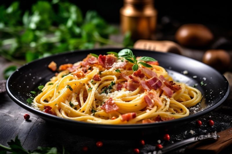 meal meat sauce food spaghetti bacon italian carbonara cheese pasta. Generative AI.