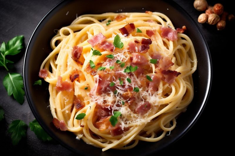 meal carbonara italian meat pasta food cheese spaghetti sauce bacon. Generative AI.