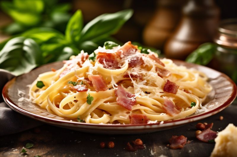 spaghetti carbonara cheese bacon meal food sauce meat pasta italian. Generative AI.