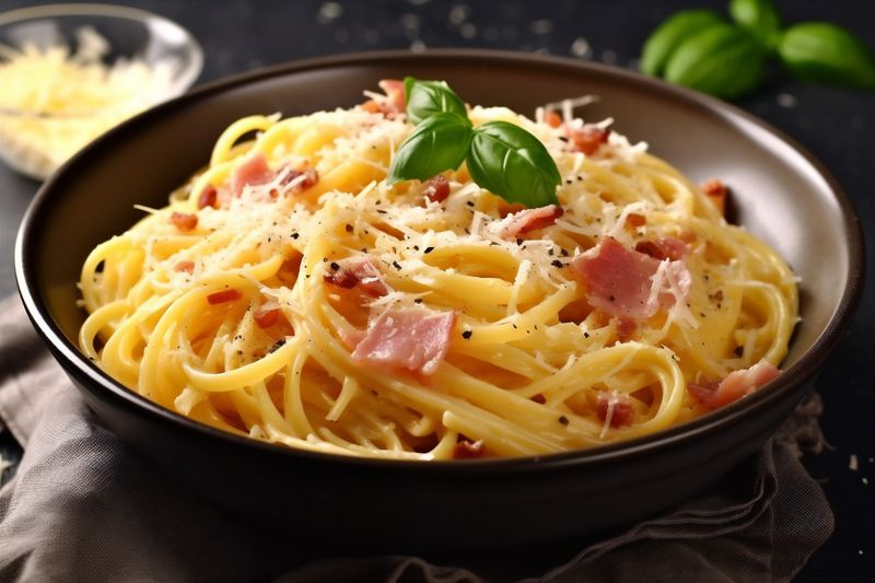 sauce food pasta spaghetti italian carbonara meal bacon meat cheese. Generative AI.